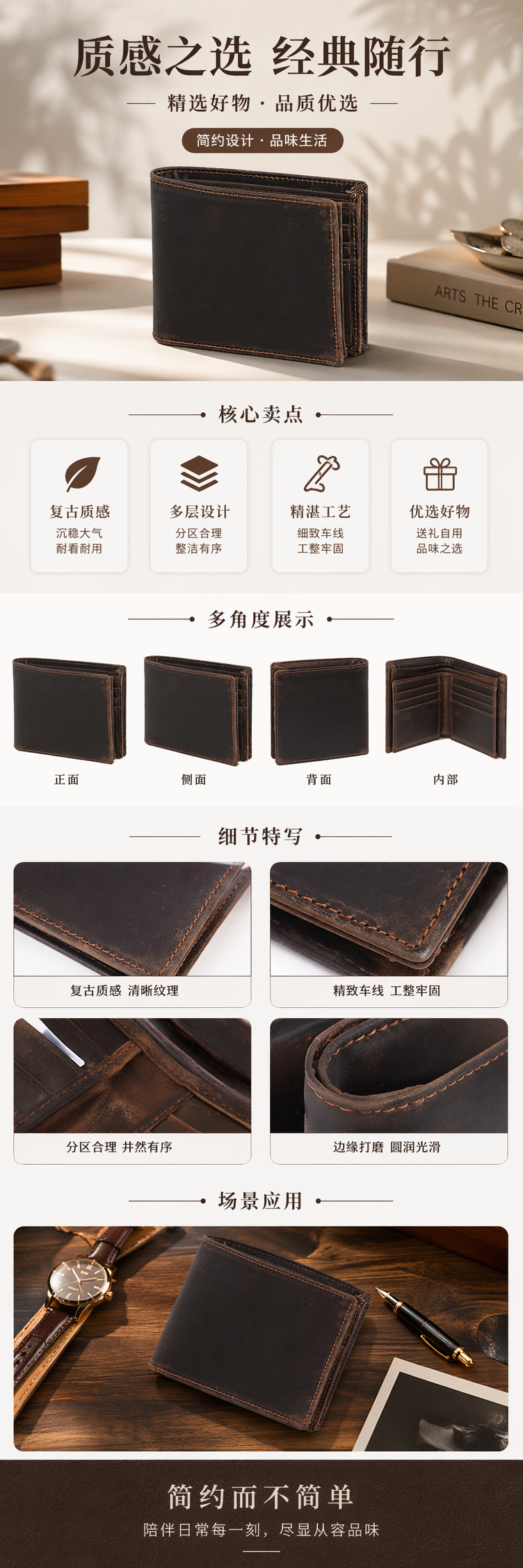 棕色皮质男士长款钱包真皮复古简约商务零钱卡位 pic 1