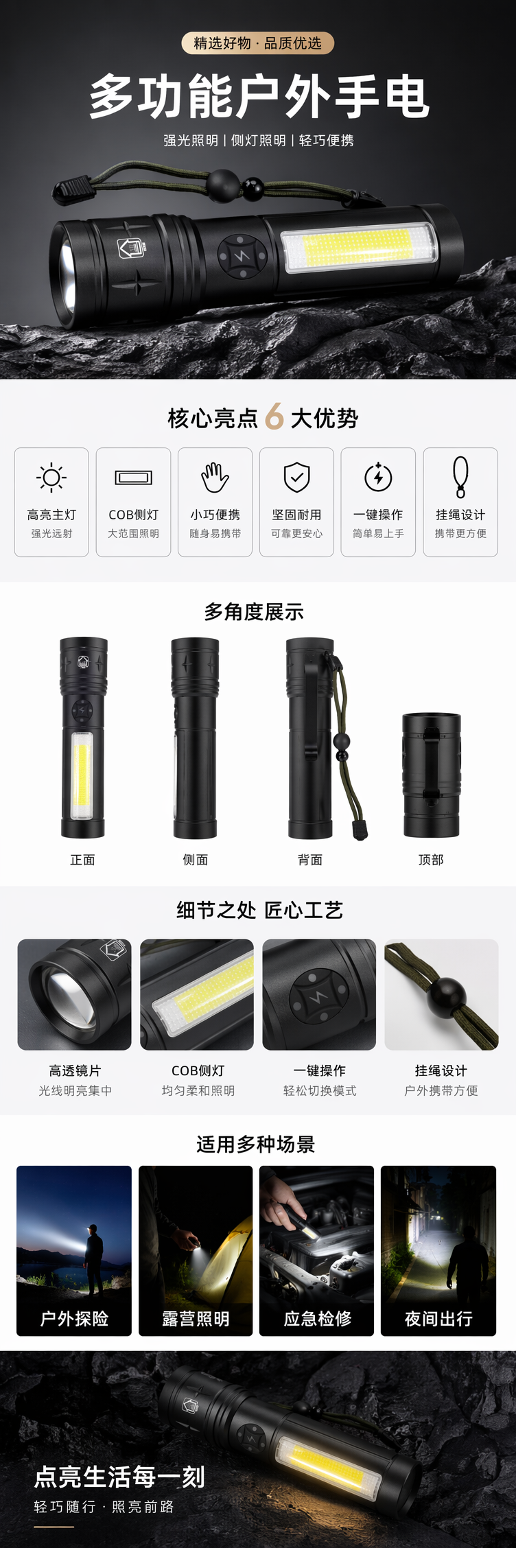 New cross-border multi-functional flashlight, outdoor portable rechargeable flashlight, dual-source zoom electric display flashlight detail image 1