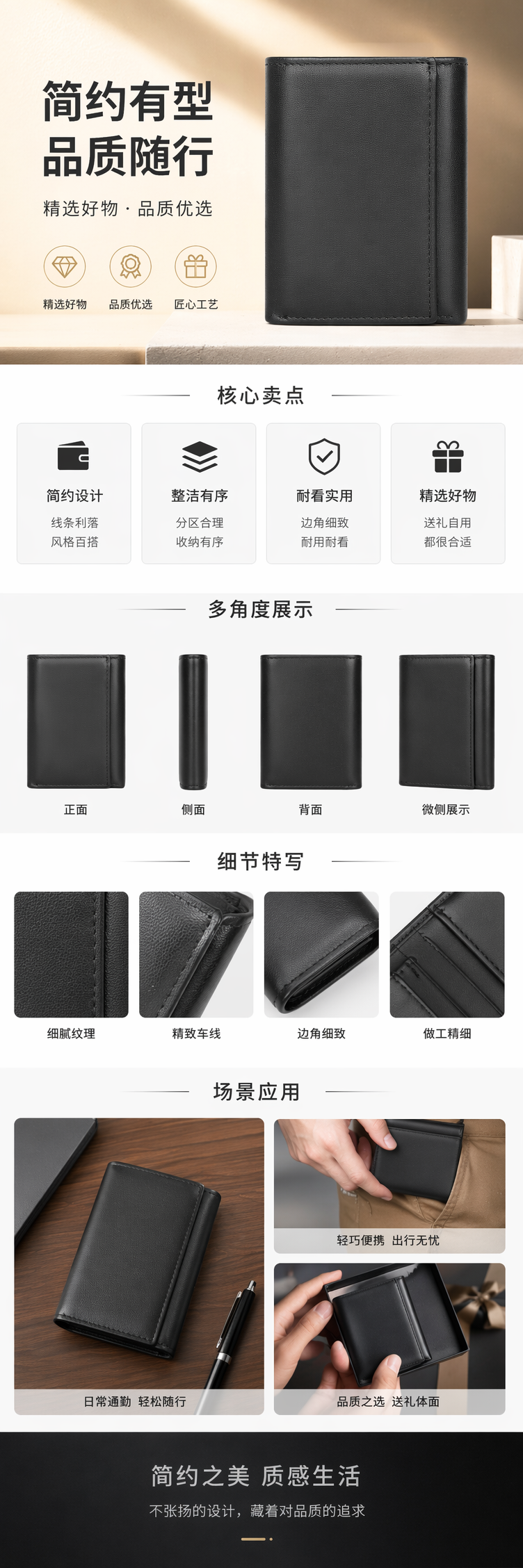 黑色皮质短款钱包轻薄便携日常通勤适用 pic 1