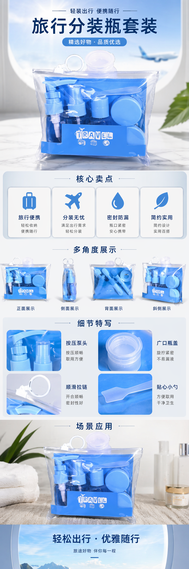 蓝色旅行洗漱套装便携式男女通用分装瓶收纳包详情1