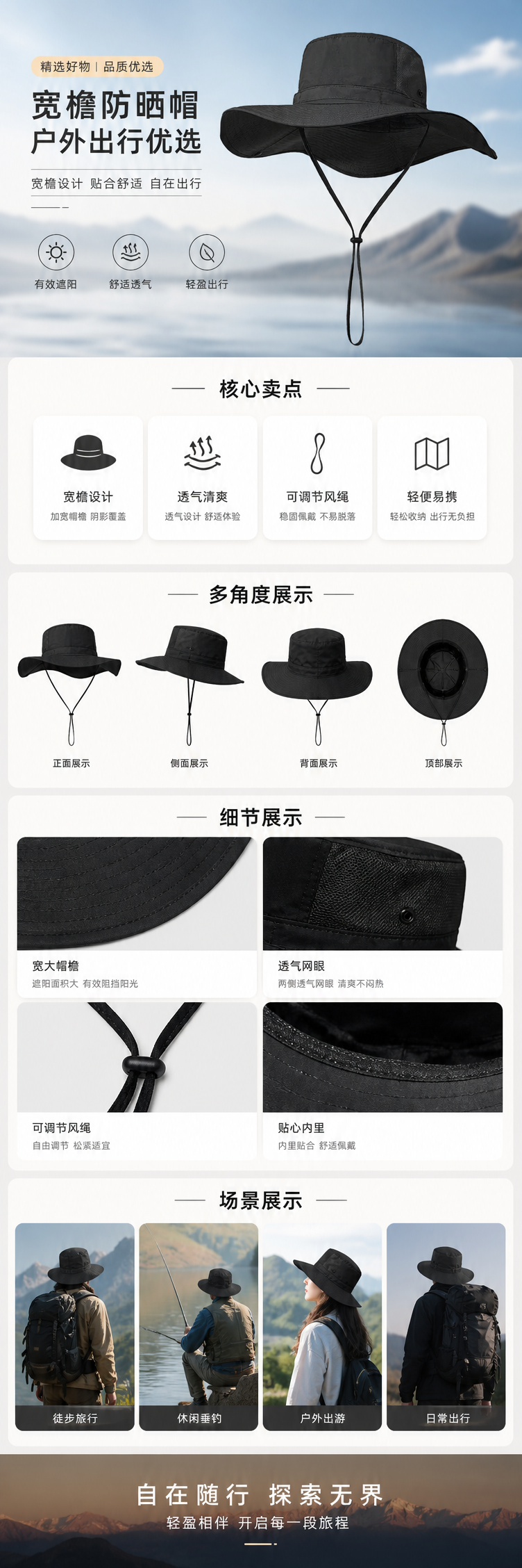 黑色宽檐遮阳帽防晒透气可折叠女士夏季户外帽详情1