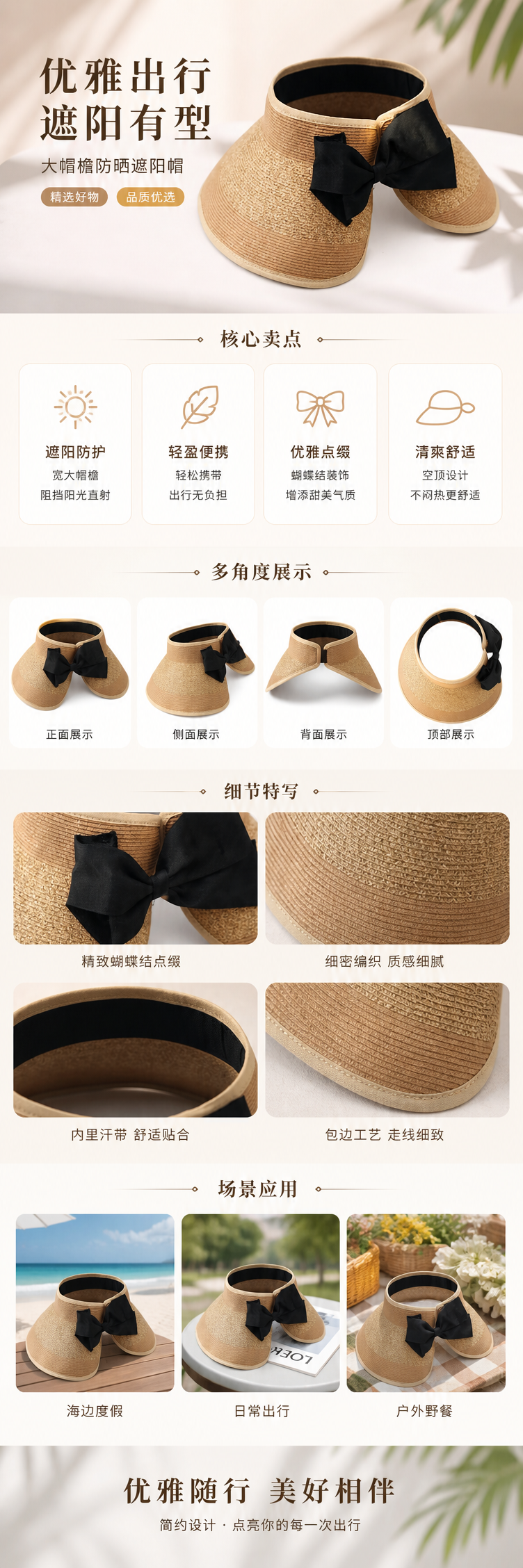 米色草编遮阳帽配黑色蝴蝶结女夏季防晒帽详情1