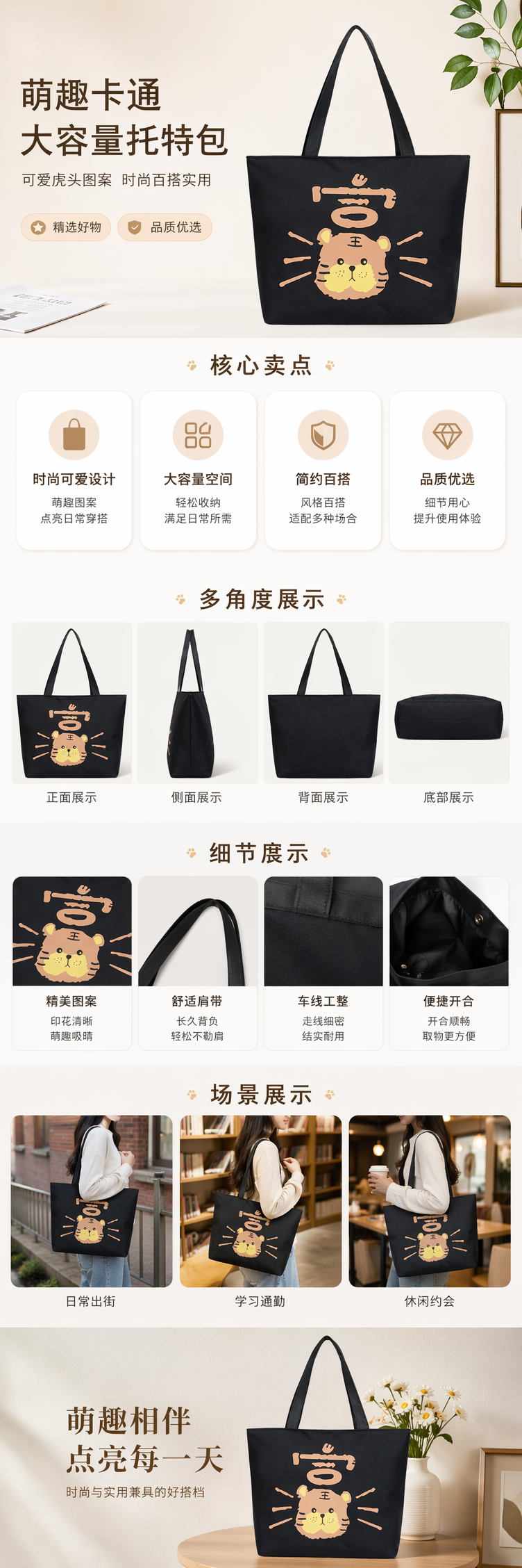 黑色帆布包包身印橙色奇字卡通老虎头图案详情1