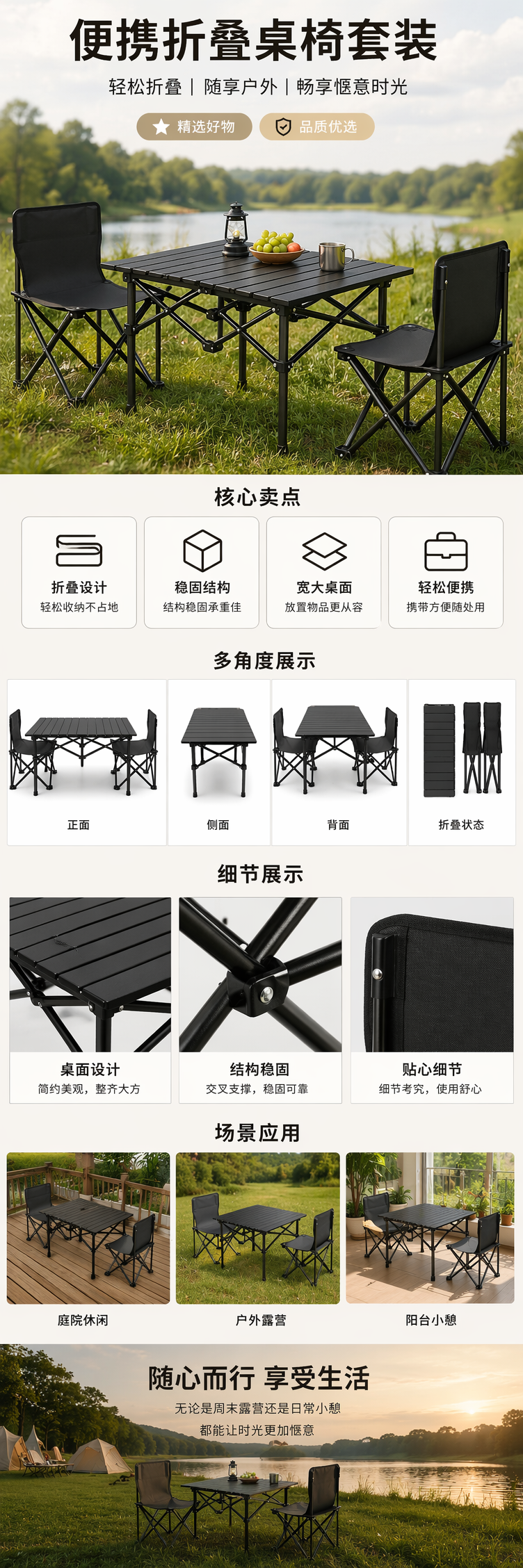 黑色折叠桌配黑色折叠椅家用便携轻便收纳餐桌椅组合详情1