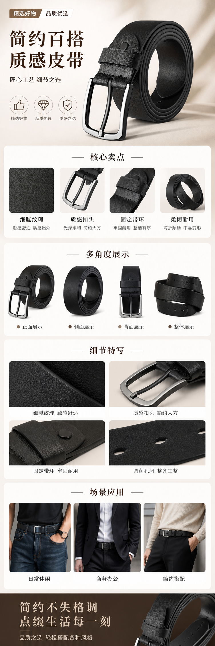 黑色皮质腰带 男士简约百搭真皮腰带 五金扣头可调节详情1