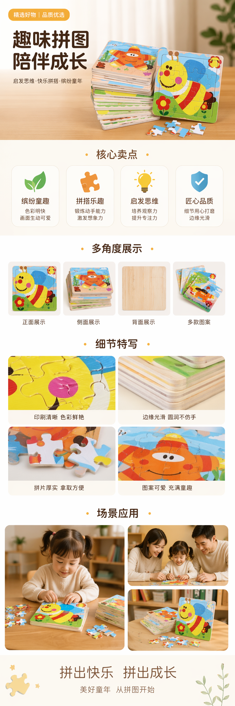 彩色儿童木质拼图玩具 36片益智早教启蒙安全圆角 pic 1