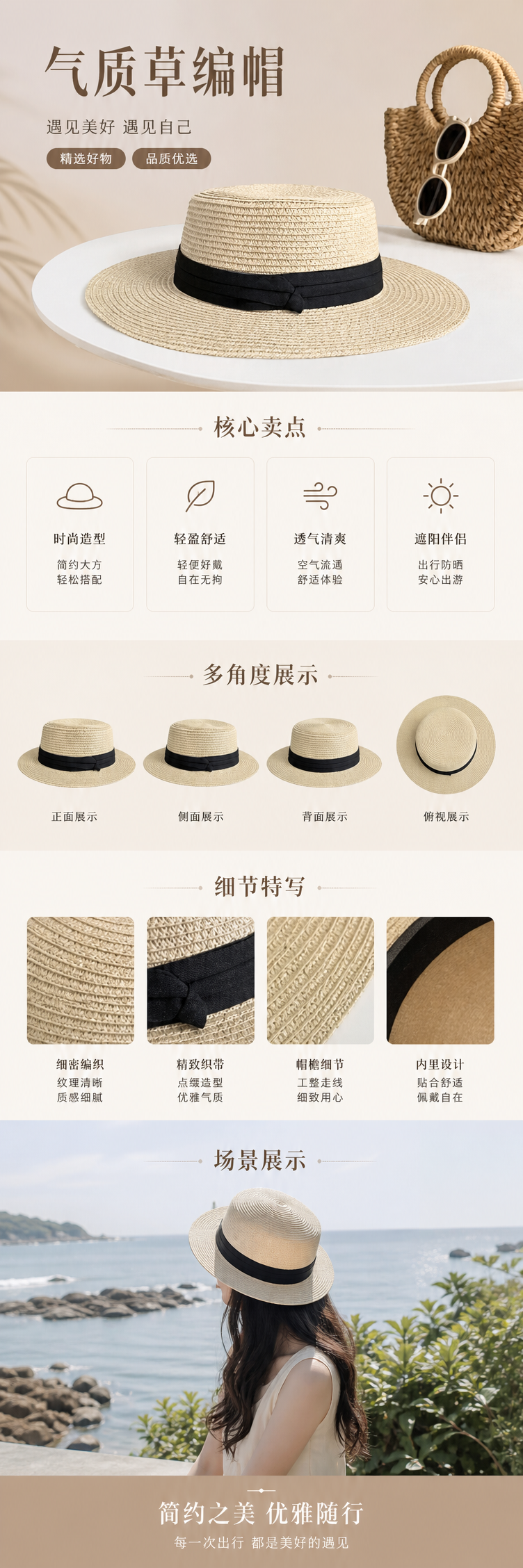 米色草帽配黑色丝带女夏季遮阳帽时尚休闲帽详情1