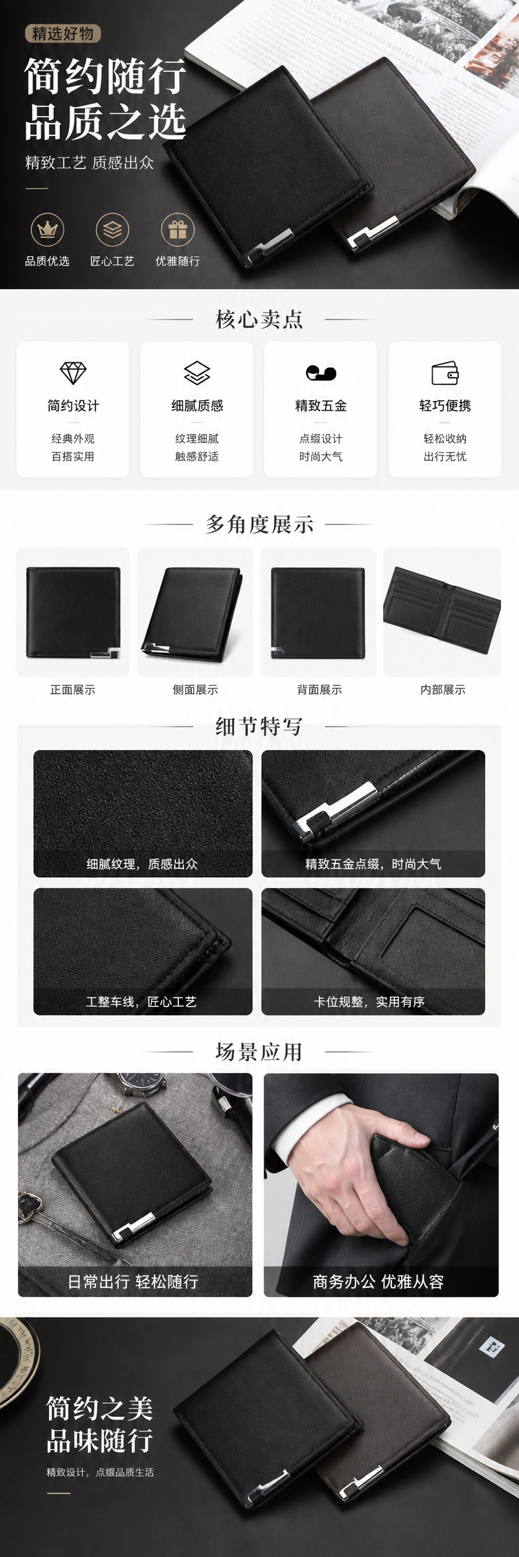 黑色真皮超薄折叠钱包 男女通用轻便日常收纳 pic 1