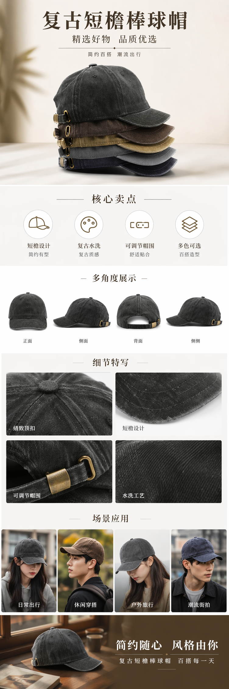 深灰色牛仔短檐棒球帽堆叠设计休闲百搭男士女士通用详情1