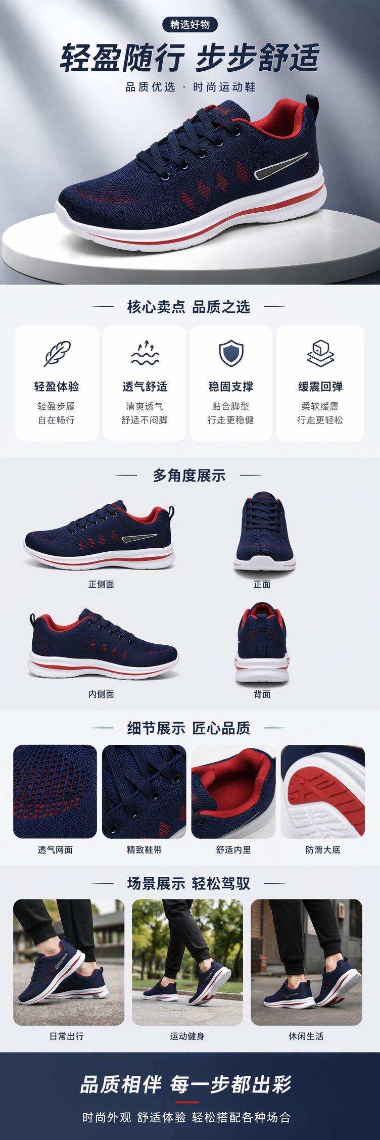 深蓝色运动鞋红色内衬装饰条纹白色鞋底详情1