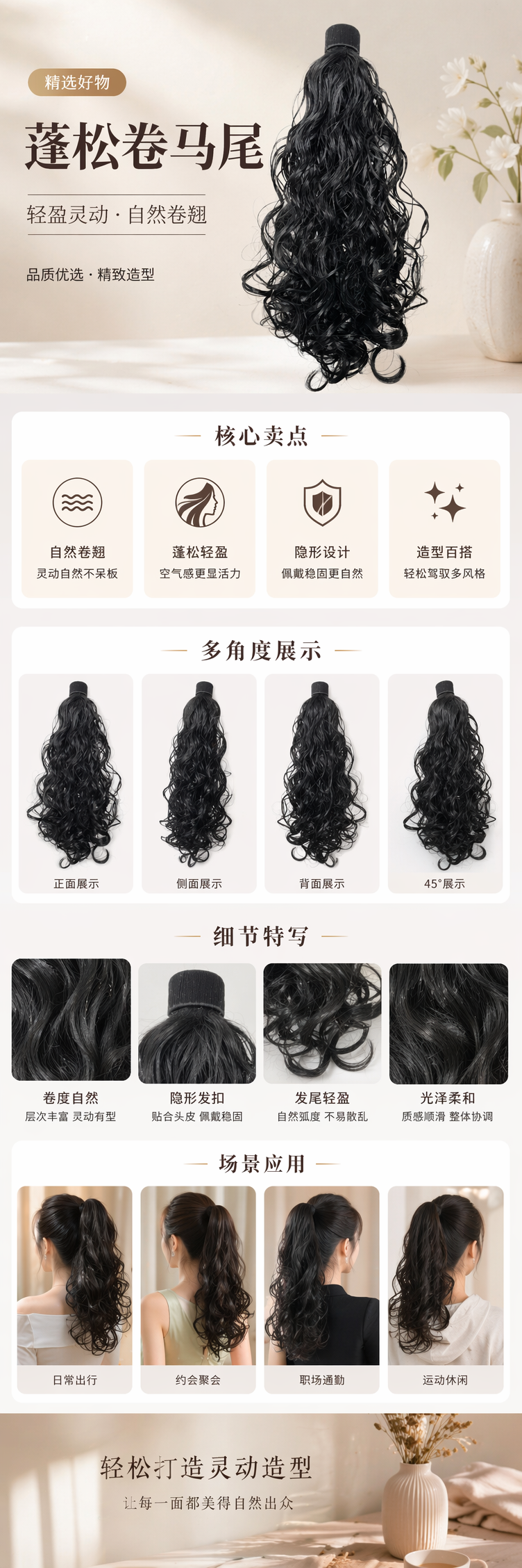 黑色卷发马尾假发真人发丝自然垂坠免烫持久定型详情1