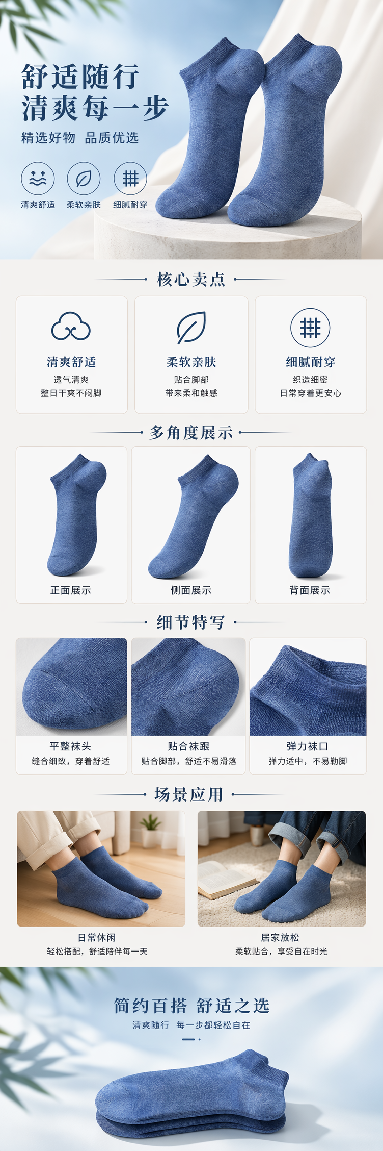 蓝色竹纤维短袜 透气吸湿抗菌男女同款详情1