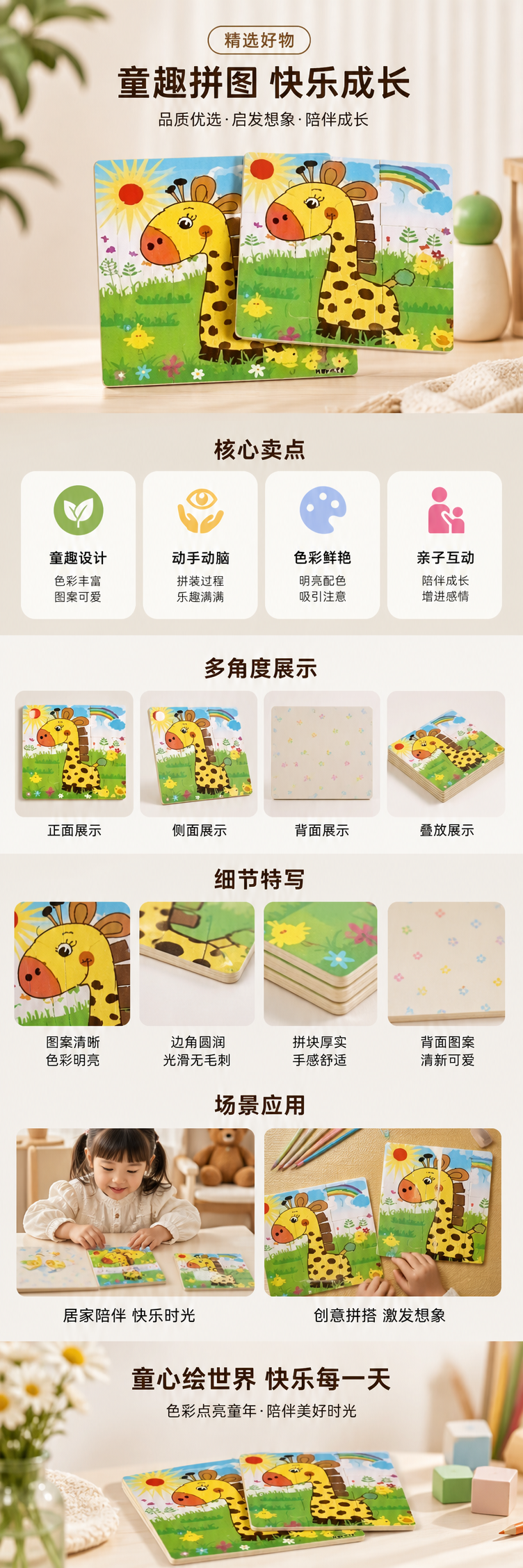 彩色长颈鹿图案儿童益智拼图板 安全环保无毒圆角设计详情1