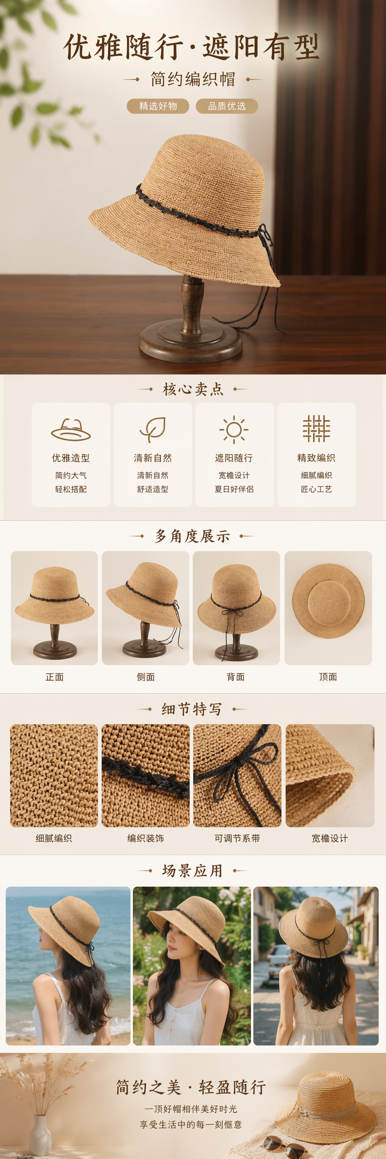 米色草编宽檐帽 女款透气防晒度假遮阳帽详情1