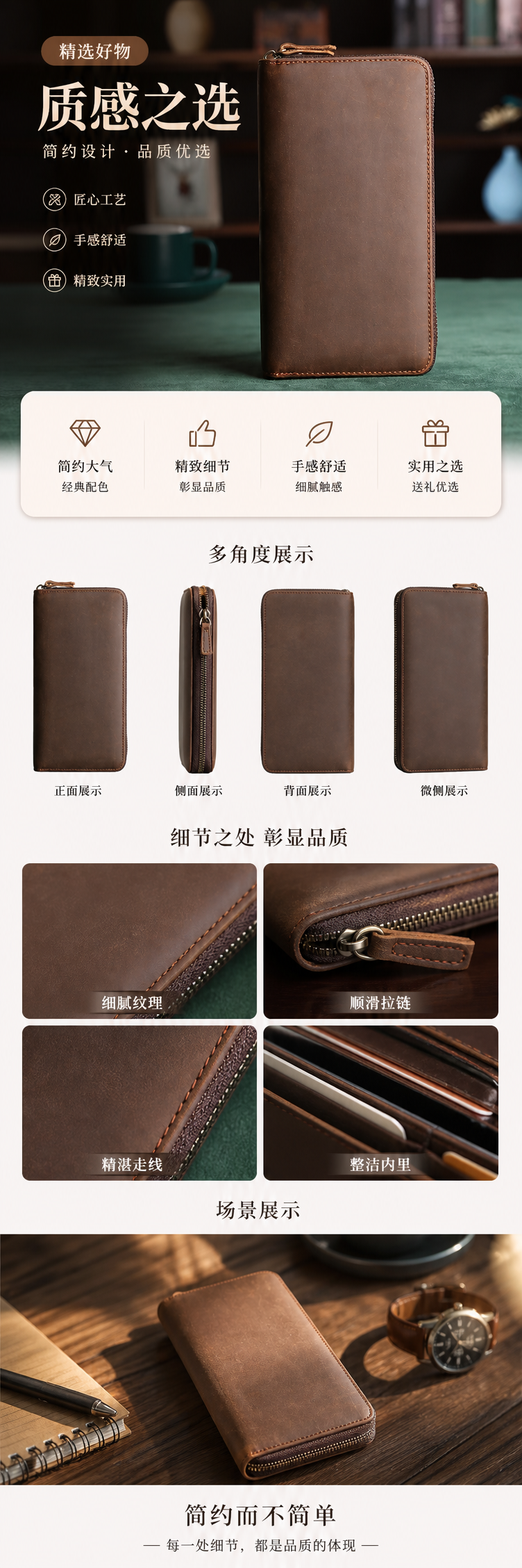 棕色皮质男士长款钱包真皮零钱夹信用卡收纳简约商务 pic 1