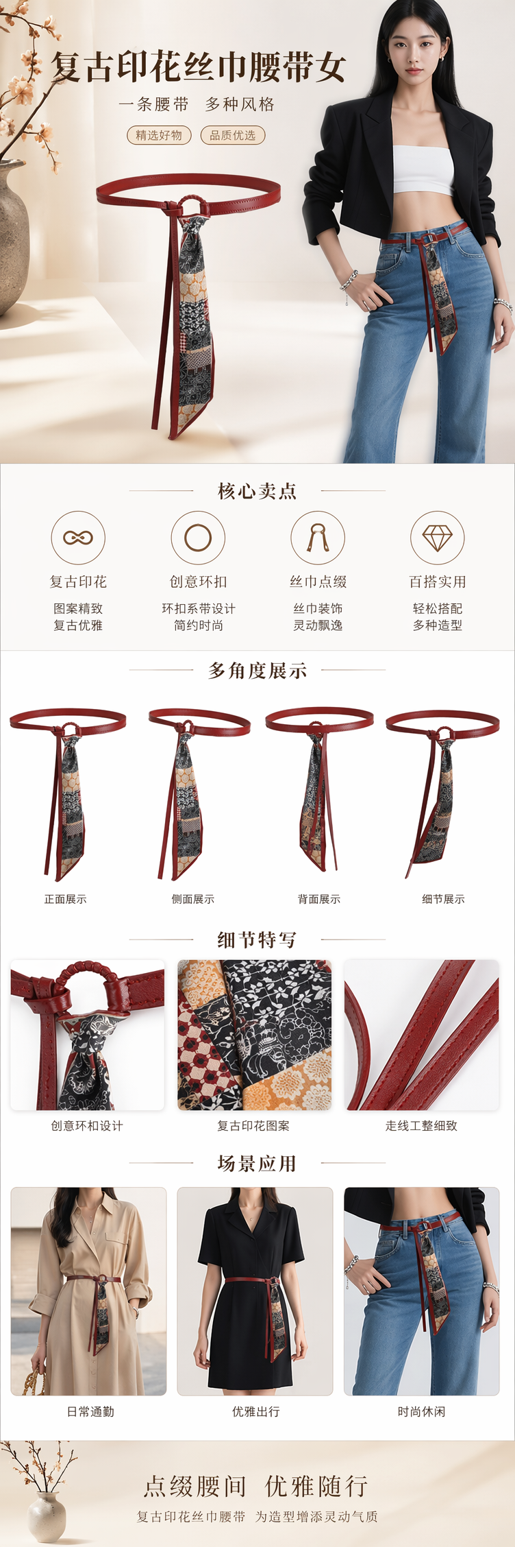 红色腰带配印花丝巾装饰 腰饰套装 时尚搭配 accessories详情1