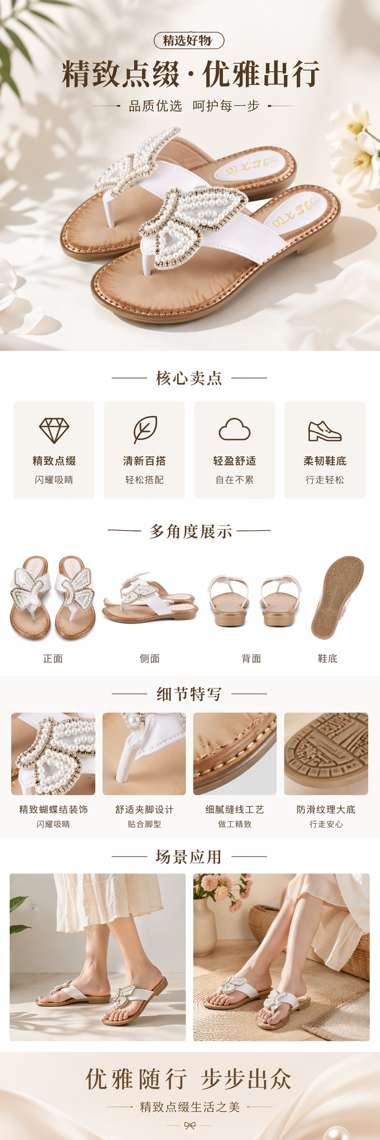白色珍珠装饰蝴蝶结凉鞋 女夏季透气平底休闲单鞋详情1
