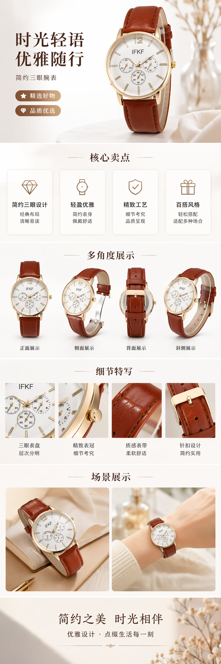 棕色皮质表带金色边框白色表盘手表详情1