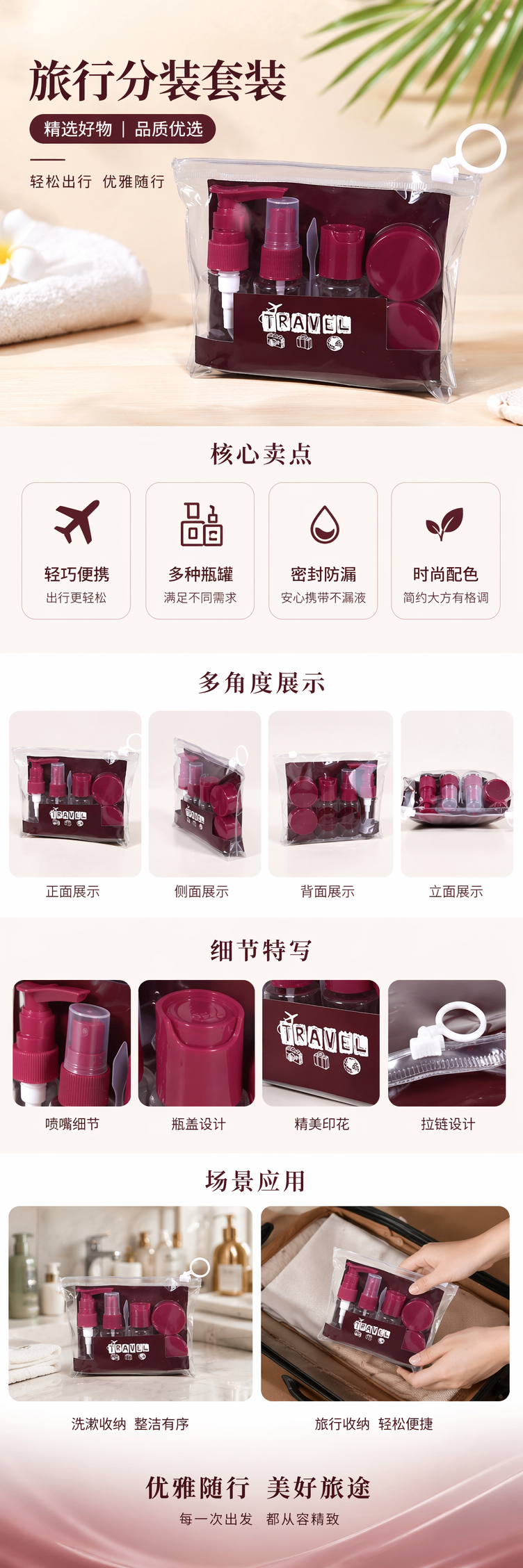 TRAVEL深红色瓶盖透明化妆品分装瓶旅行洗漱套装详情1
