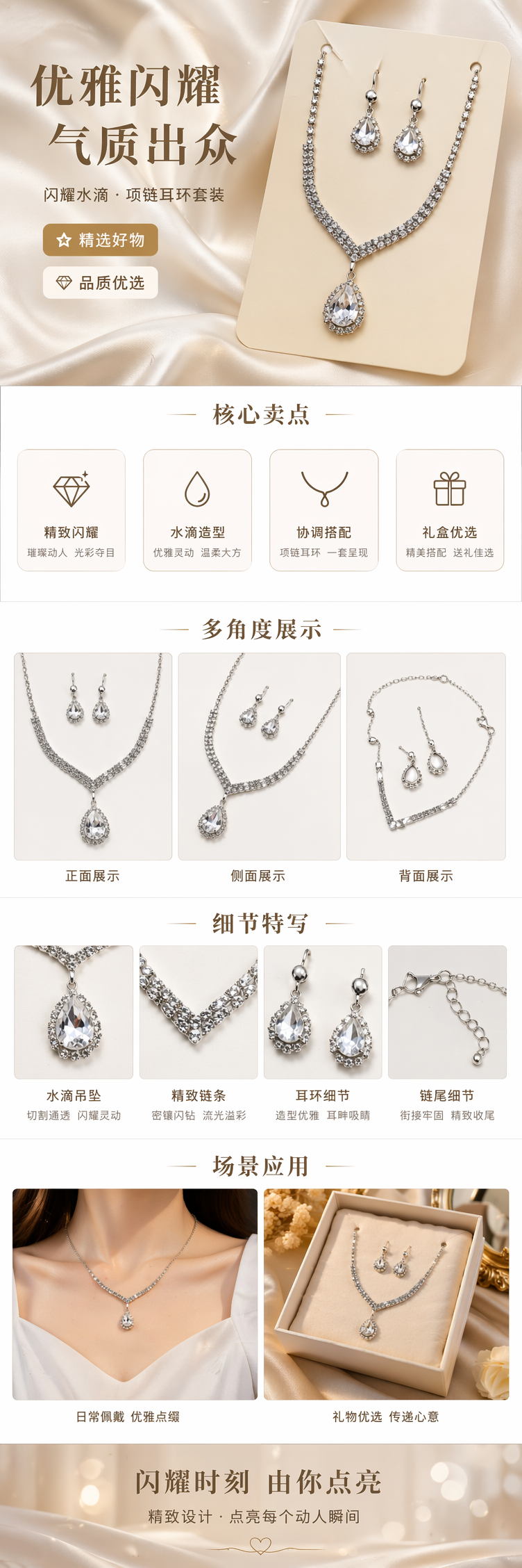 银色合金镶钻项链耳环套装礼盒装送女友生日礼物详情1
