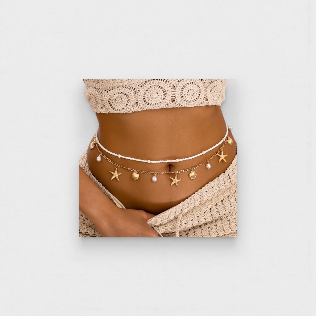 Beige crochet top with double-layer waist chain, white pearl chain and gold chain, starfish shell pearl pendant