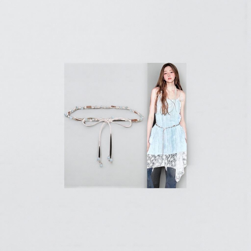 The light blue beaded woven belt is a fashionable and versatile waist-cinching decoration for women