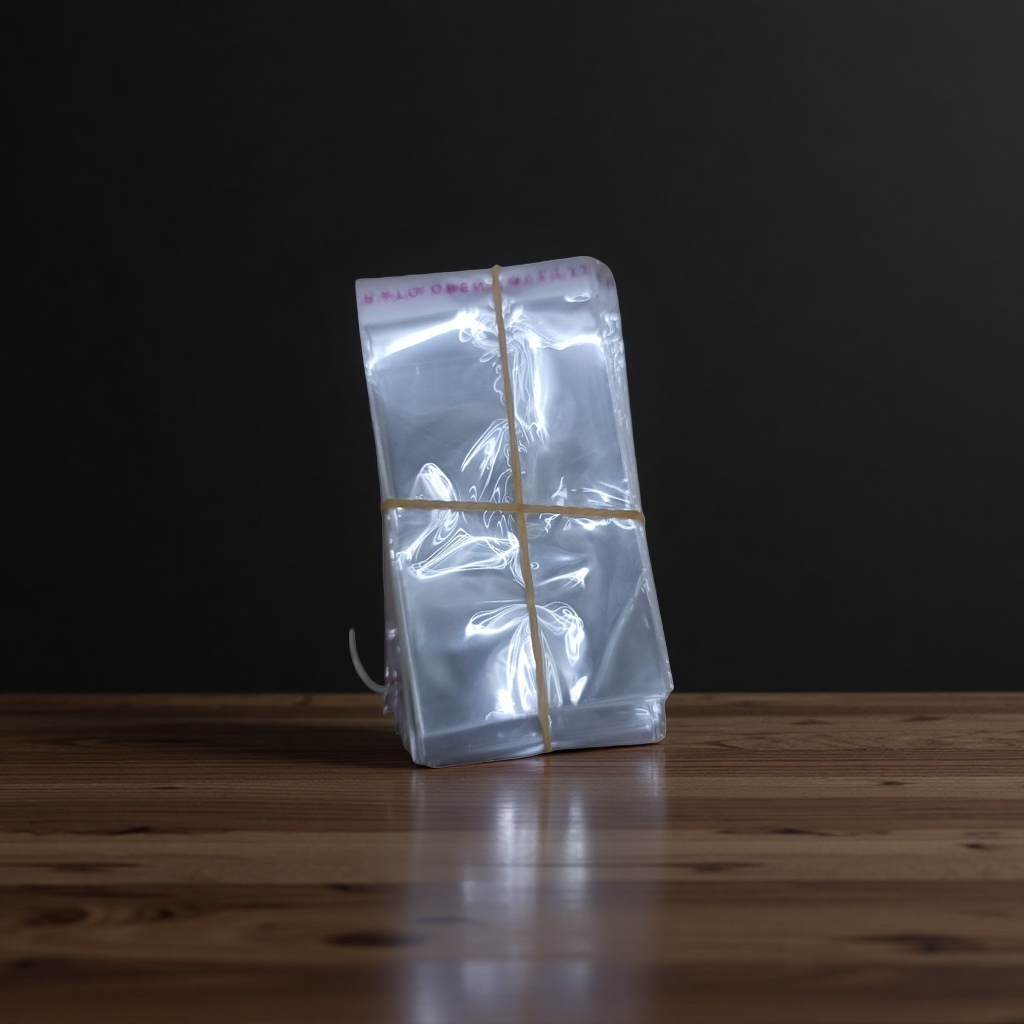Transparent plastic bags stacked for storage, yellow rubber bands tied, food-grade PE portable packaging details Picture