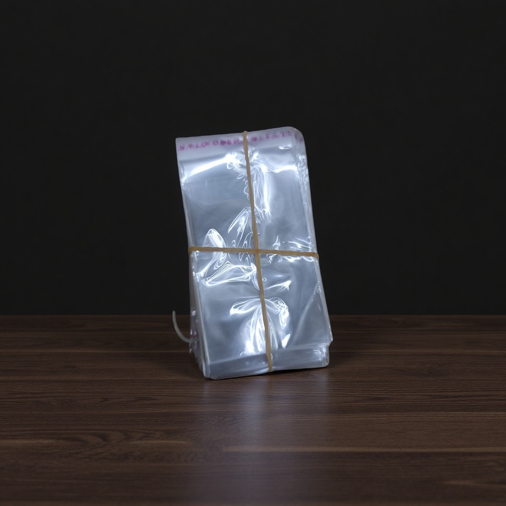 Transparent plastic bags stacked for storage, yellow rubber bands tied, food-grade PE portable packaging Application Scenario