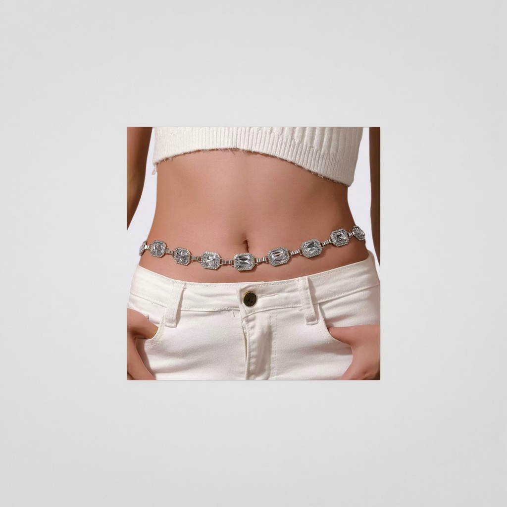 Silver diamond-encrusted waist chain, a fashionable summer decorative waist accessory for women details Picture