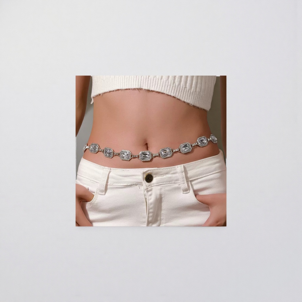 Silver diamond-encrusted waist chain, a fashionable summer decorative waist accessory for women Application Scenario