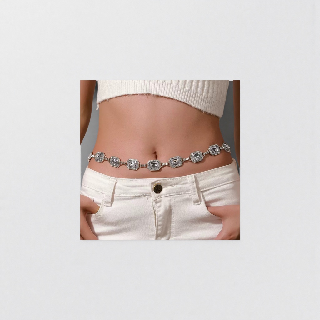 Silver diamond-encrusted waist chain, a fashionable summer decorative waist accessory for women