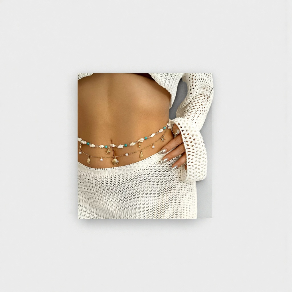 A white hollowed-out knitted top with a double-layer starfish shell-themed accessory chain at the waist details Picture
