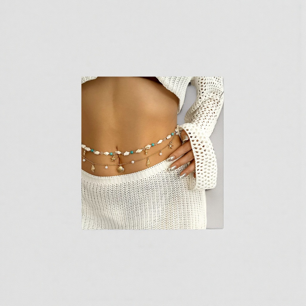 A white hollowed-out knitted top with a double-layer starfish shell-themed accessory chain at the waist Application Scenario