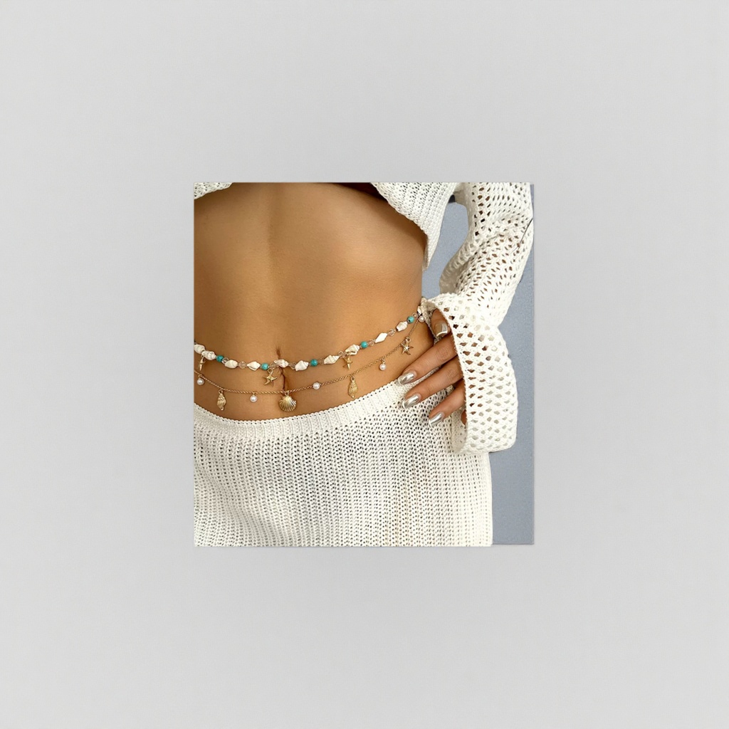 A white hollowed-out knitted top with a double-layer starfish shell-themed accessory chain at the waist Specification image