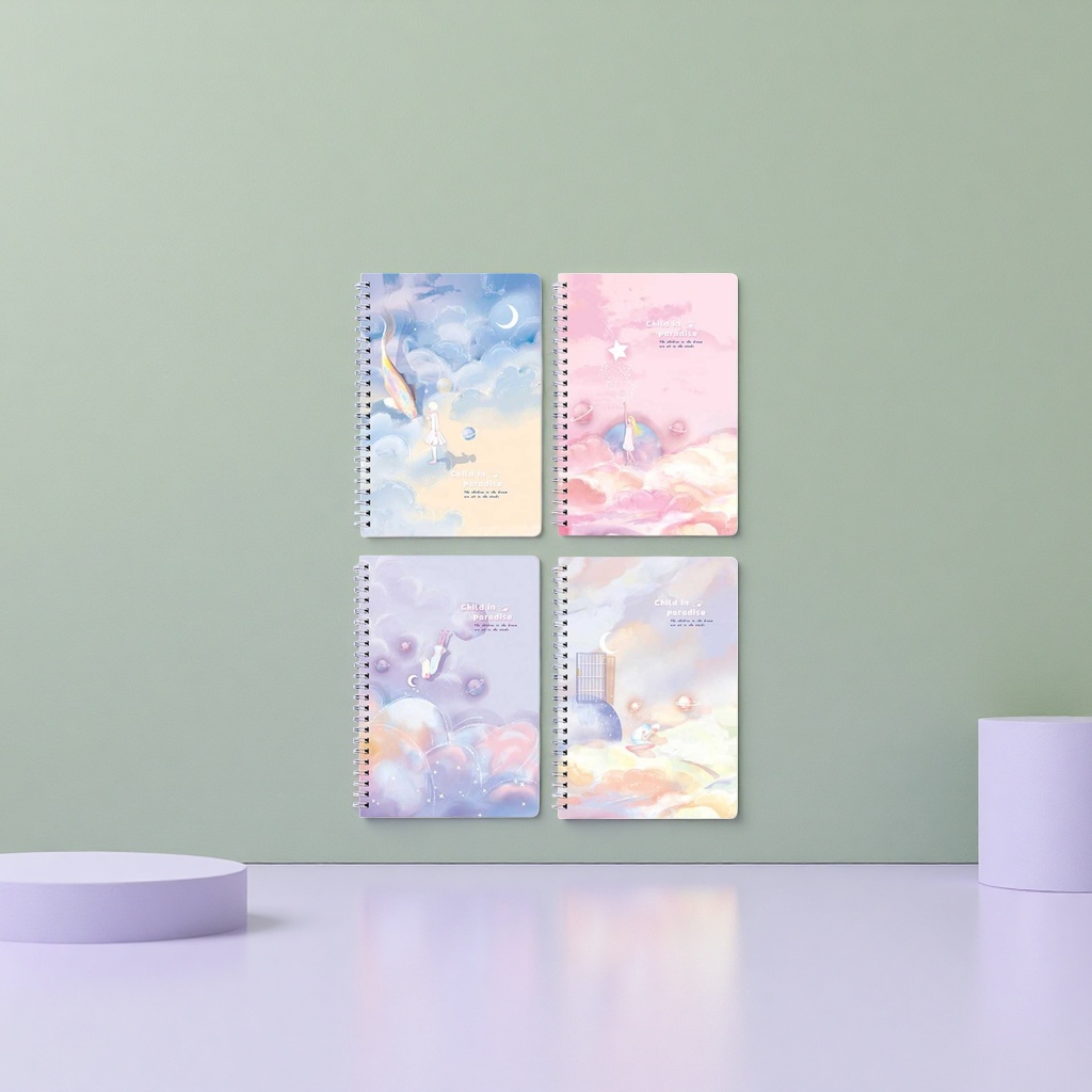 彩色螺旋装订笔记本 四款梦幻插画封面 云朵月亮星星小女孩