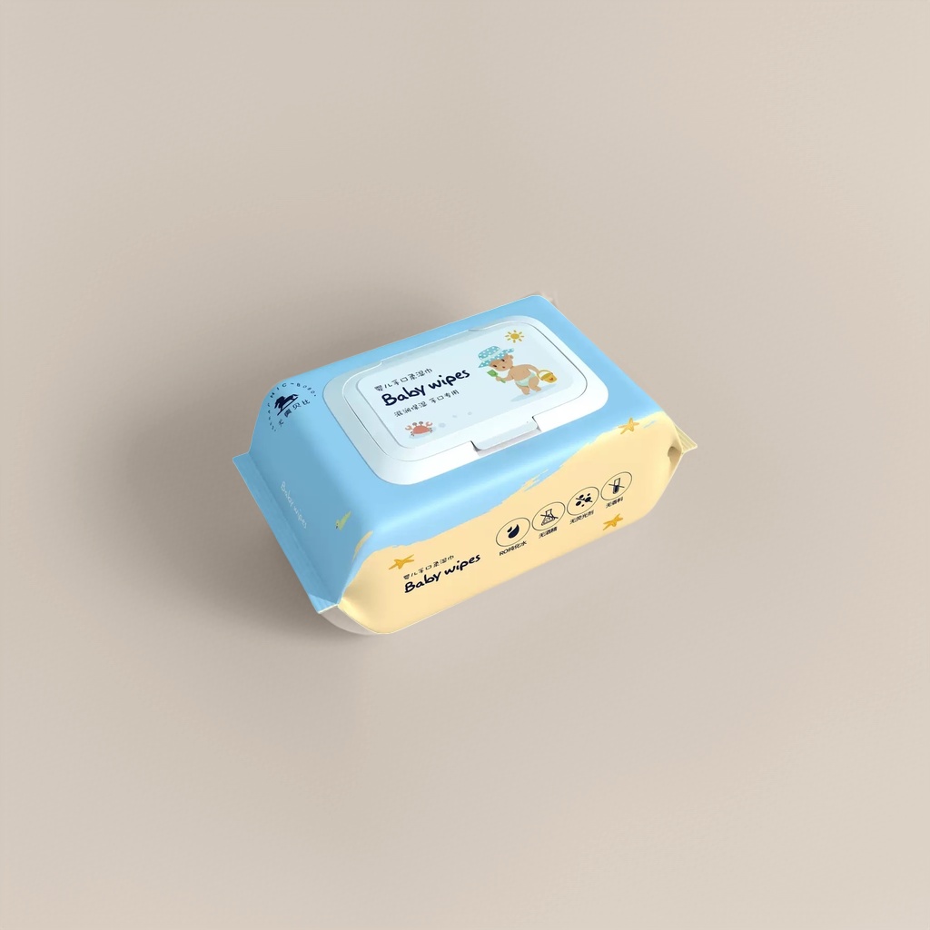 蓝色黄色渐变婴儿口手湿巾带白色翻盖卡通宝宝图案 Specification image