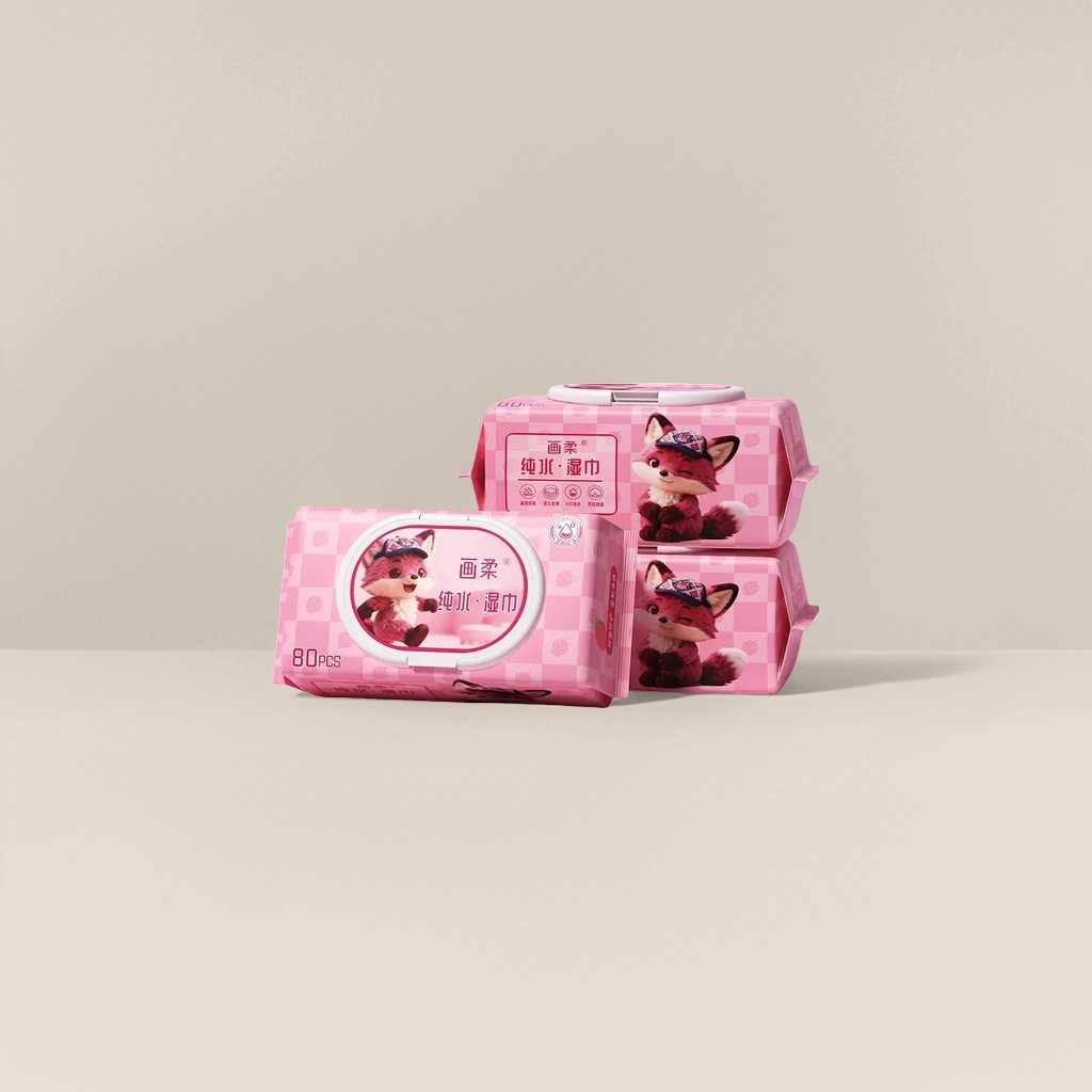 Pink checkered packaged cartoon fox wet wipes Portable baby hand and mouth cleaning wet wipes Specification image