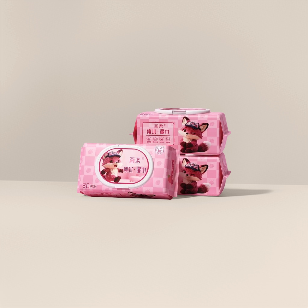 Pink checkered packaged cartoon fox wet wipes Portable baby hand and mouth cleaning wet wipes details Picture