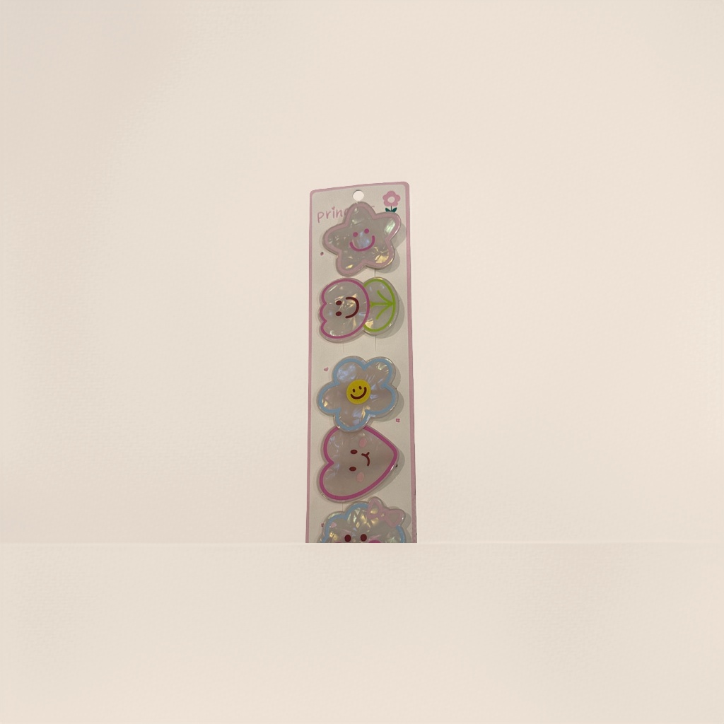 粉色包装五枚透明亮片卡通发夹 星星云朵绿叶雏菊爱心小羊