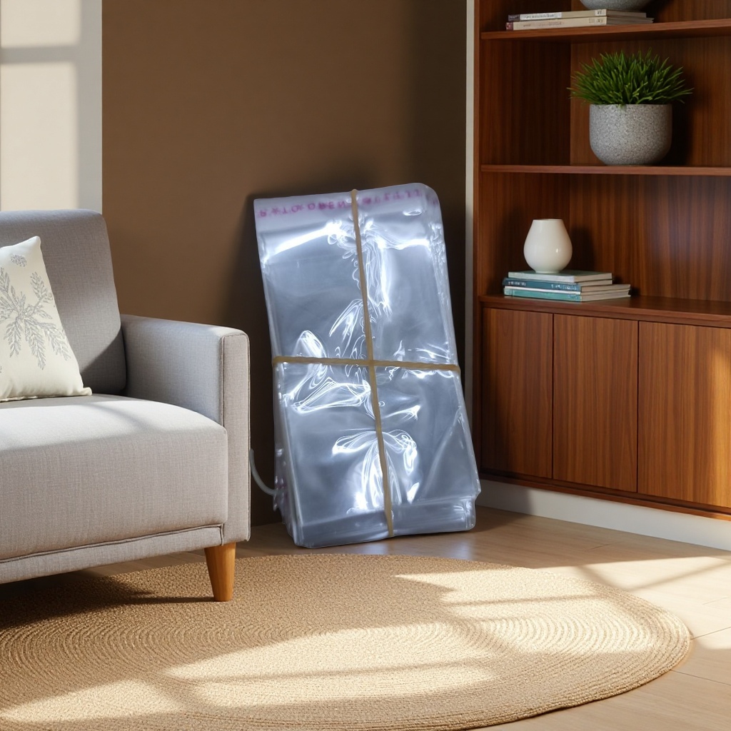Transparent plastic bags are stacked for storage, packed with yellow rubber bands, made of food-grade PE material, portable and dust-proof Specification image