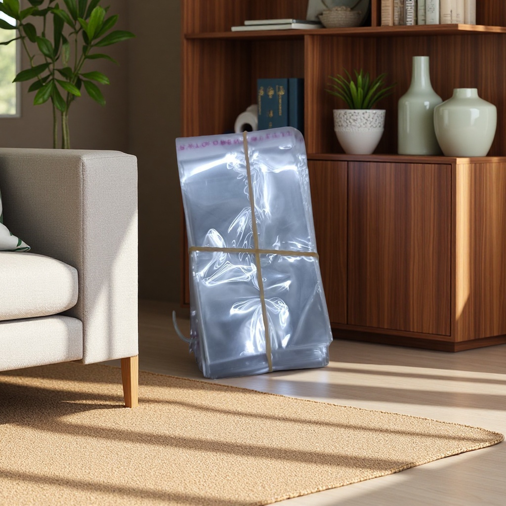 Transparent plastic bags are stacked for storage, packed with yellow rubber bands, made of food-grade PE material, portable and dust-proof details Picture