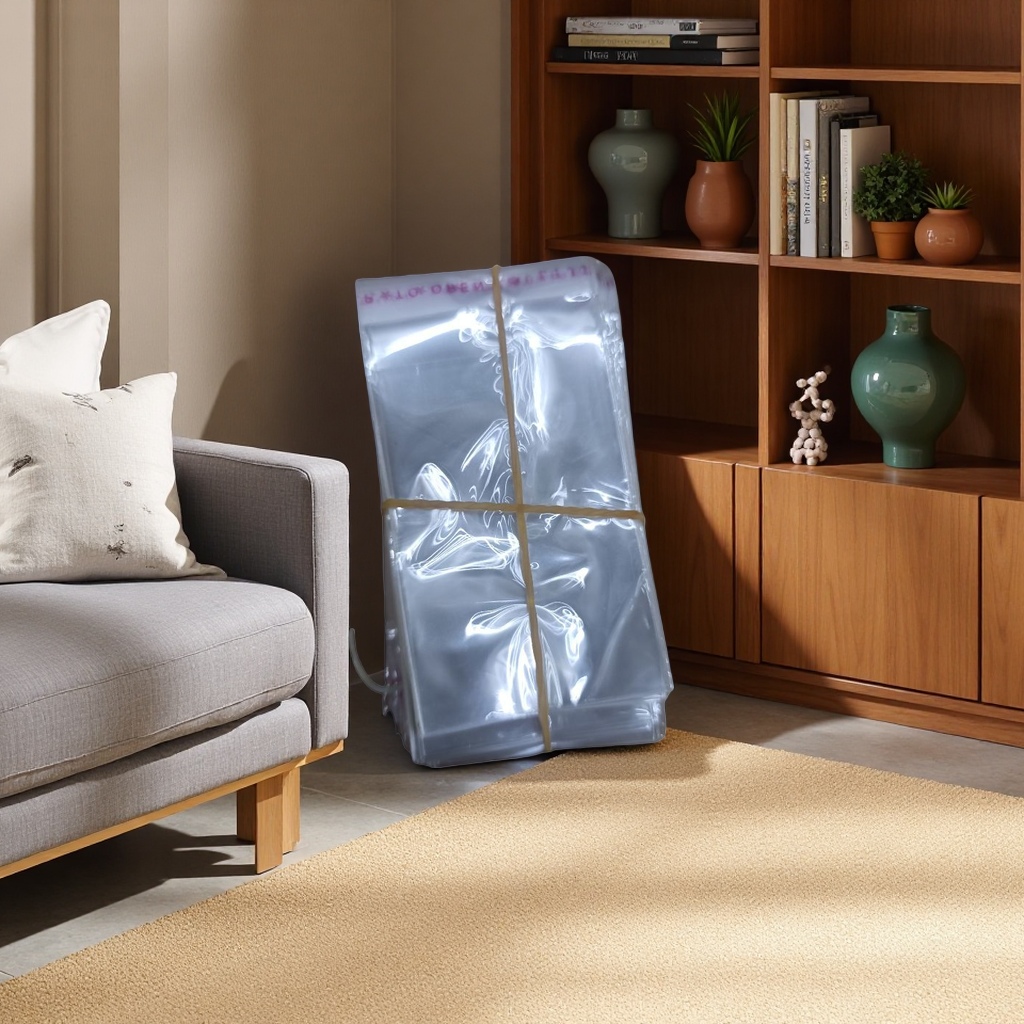 Transparent plastic bags are stacked for storage, packed with yellow rubber bands, made of food-grade PE material, portable and dust-proof