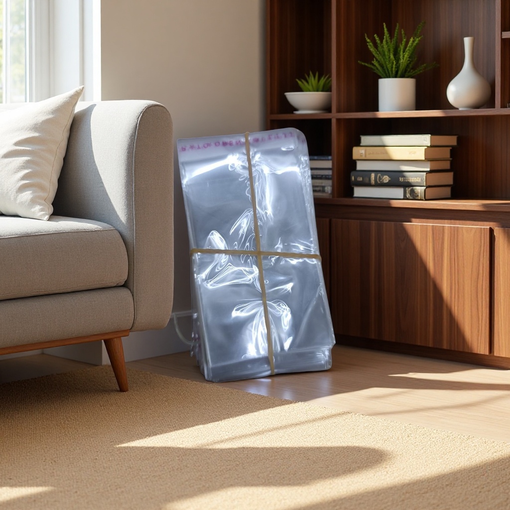 Transparent plastic bags are stacked for storage, packed with yellow rubber bands, made of food-grade PE material, portable and dust-proof Application Scenario