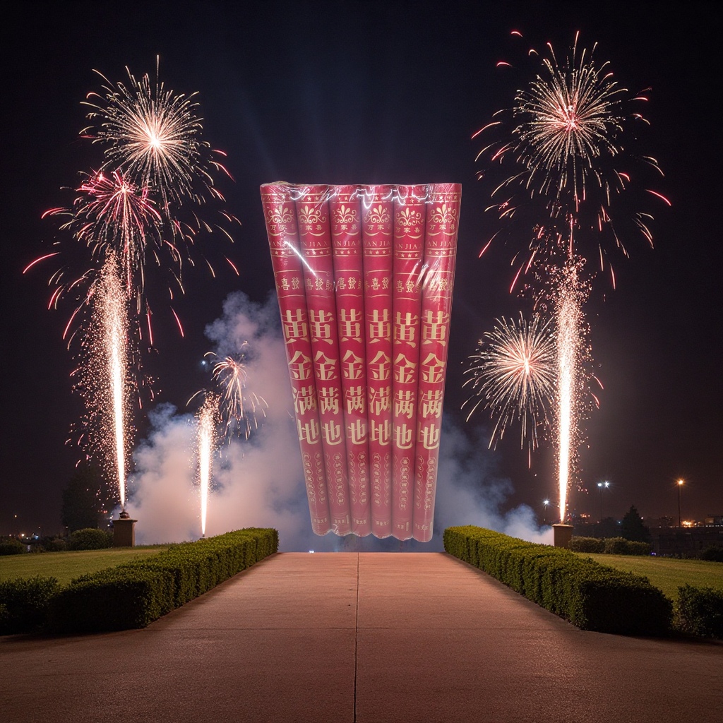 A red roll of six fireworks, adorned with auspicious patterns of gold all over the ground, is a festive decoration