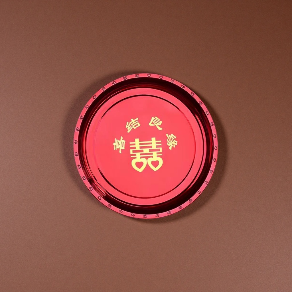 Red double happiness character tray ceramic wedding supplies, red festive round plating household wedding gift box Specification image