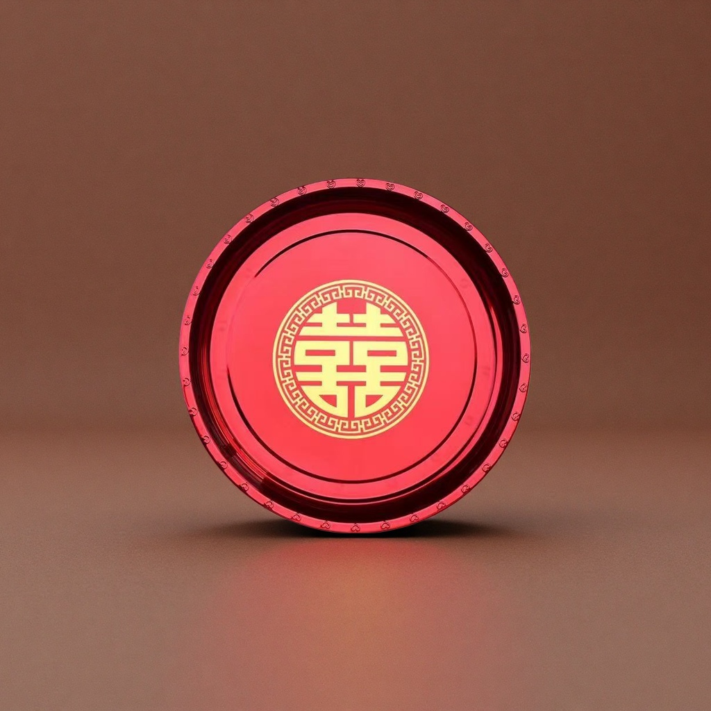 Red double happiness character tray ceramic wedding supplies, red festive round plating household wedding gift box