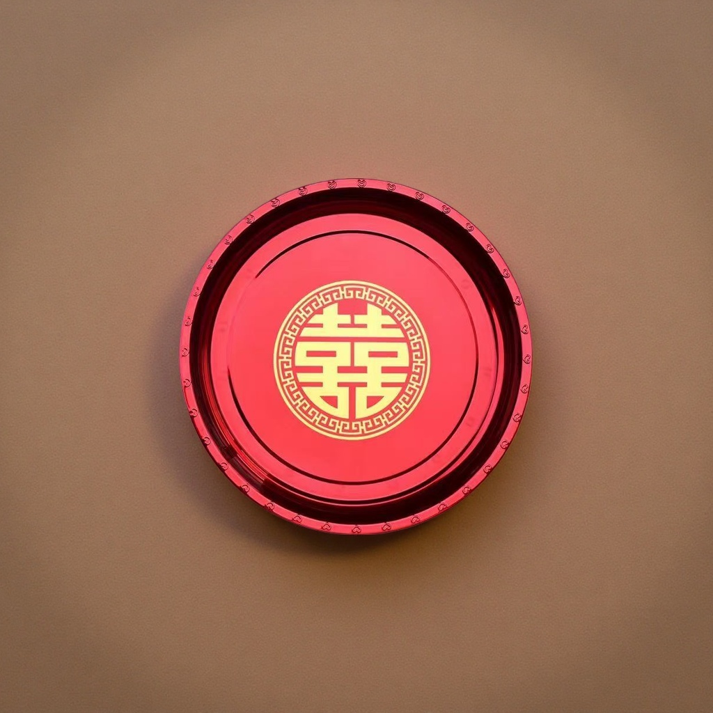 Red double happiness character tray ceramic wedding supplies, red festive round plating household wedding gift box details Picture