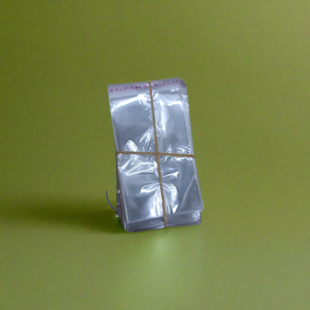 透明塑料袋堆叠，用黄色橡皮筋捆绑细节图
