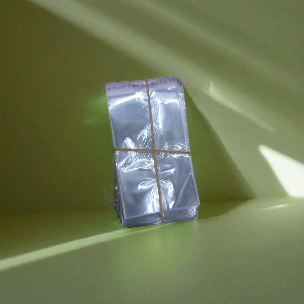 Transparent plastic bags are stacked and tied with yellow rubber bands. They are food-grade, thickened, moisture-proof and portable Specification image