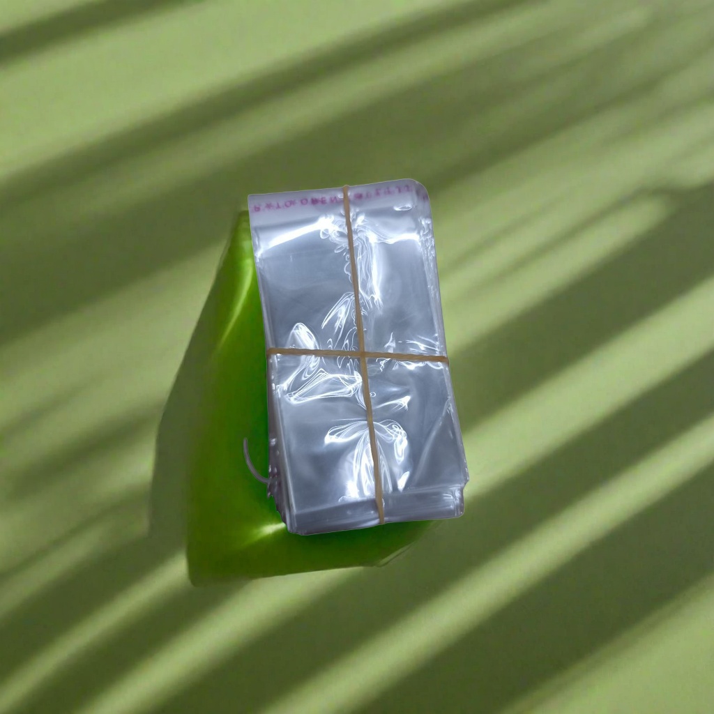 Transparent plastic bags are stacked and tied with yellow rubber bands. They are food-grade, thickened, moisture-proof and portable Application Scenario